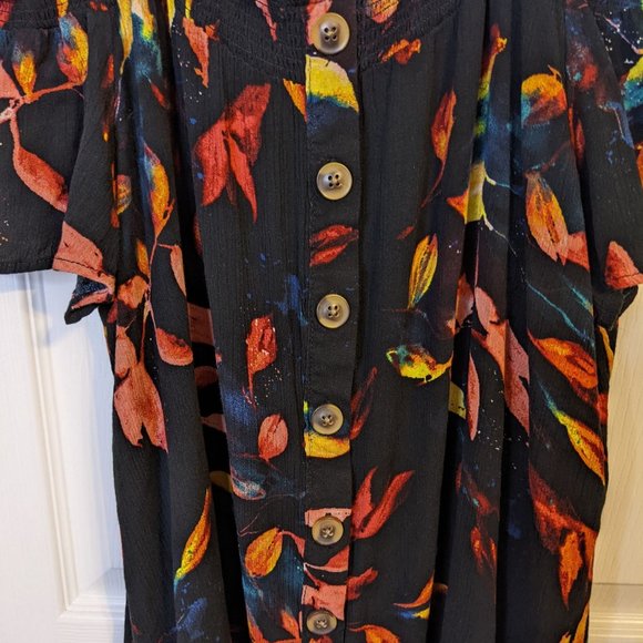 Torrid Smocked Cold-Shoulder Blouse Black Leaf Print - size 2X (18/20) - Picture 6 of 11